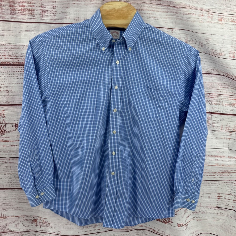 Brooks Brothers Shirt Mens Large Blue Gingham Non-Iron‎ Cotton Traditional Fit